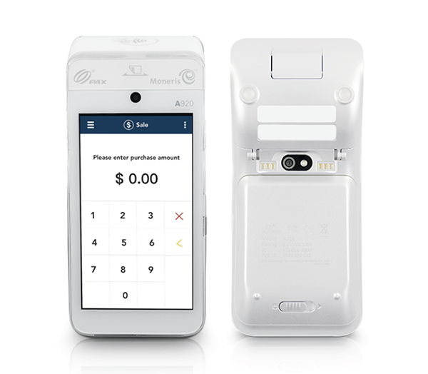 Image 1 shows Front and back of a modern payment terminal with a touch screen that reads: please enter amount: $0.00" and the numbers zero through nine on the touchpad.