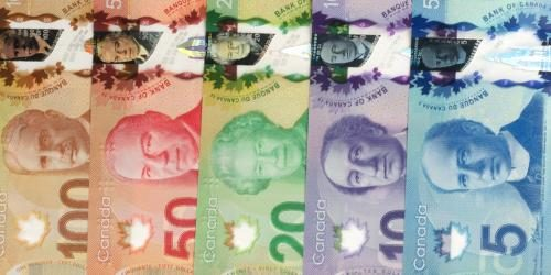Image 5 shows From left to right, a brown $100 Canadian bill, red $50 Canadian bill, green $20 Canadian bill, purple $10 purple bill and a blue $5 Canadian bill.